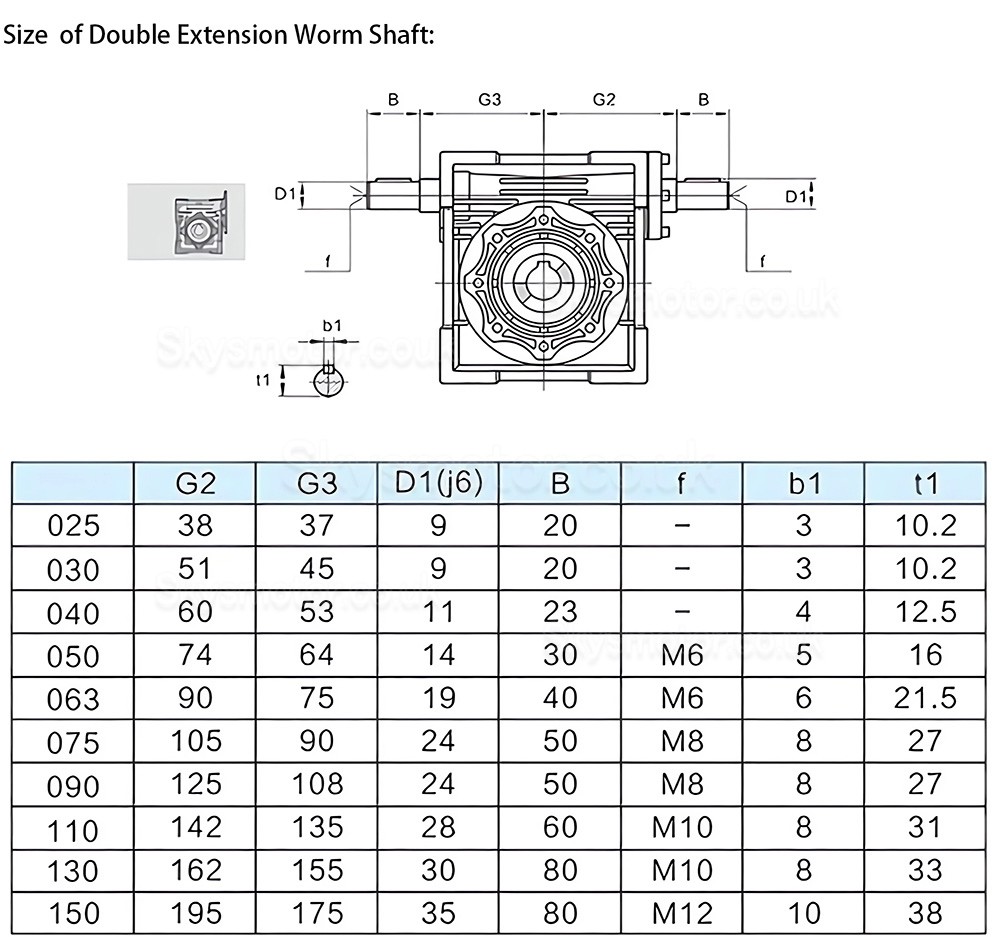 NRV030-VS Series Worm Gearbox, Ratio 5:1-80:1 Input Shaft 9mm Output Hole 14mm with Double Input Shaft